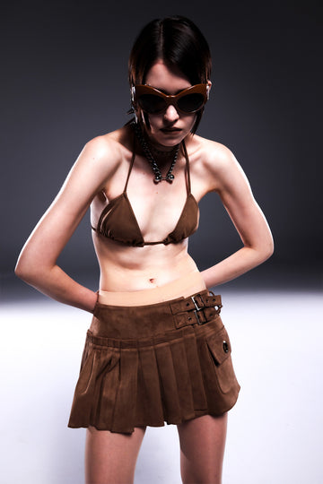 Taupe Brown Pleated Mini Skirt