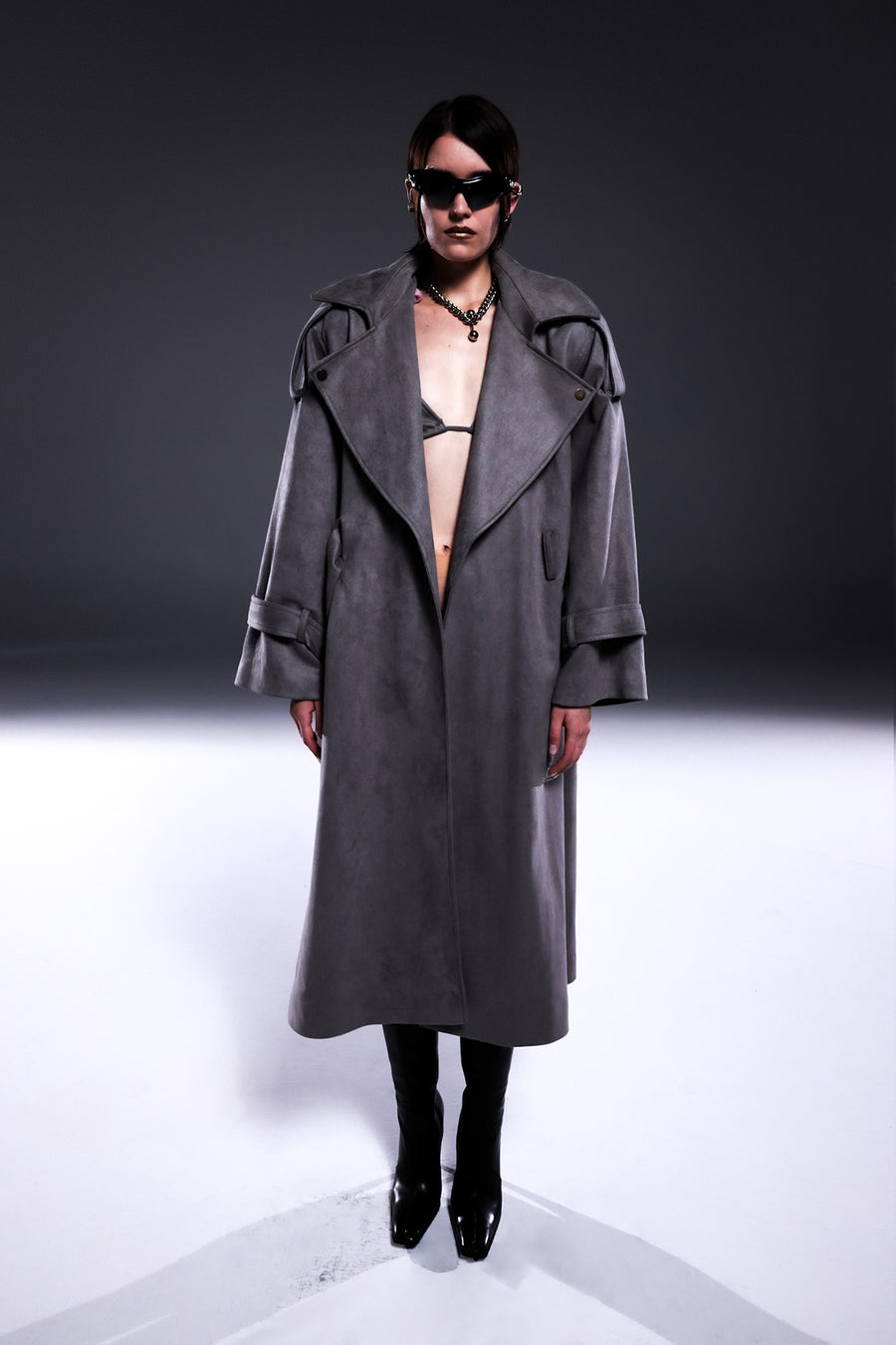 Grey Suede Oversize Trenchcoat