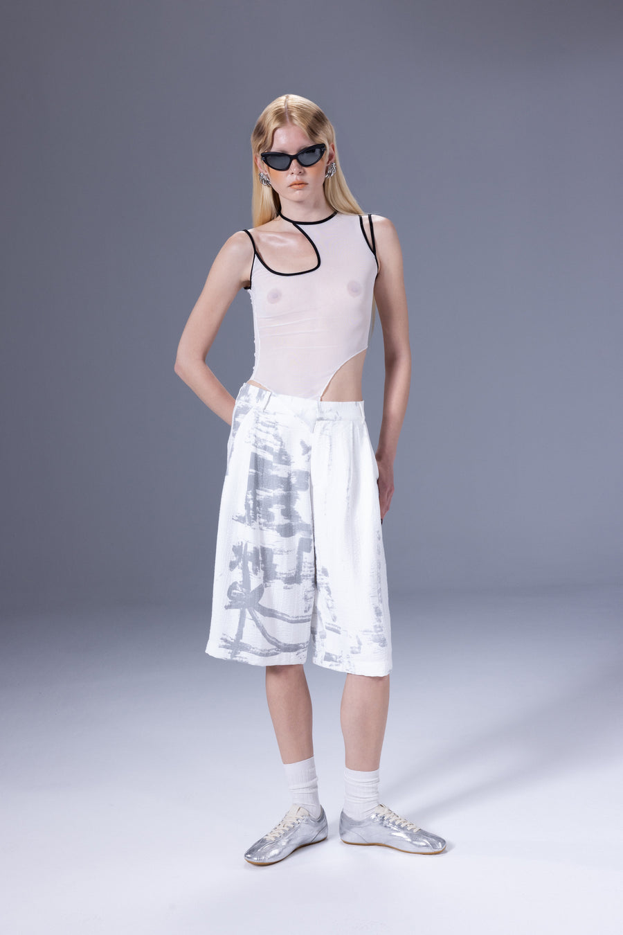 White Calligraphy Pleated Jorts