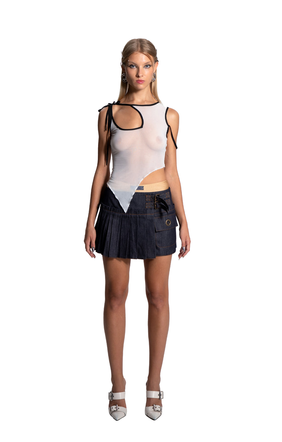 Pleated Denim Mini Skirt